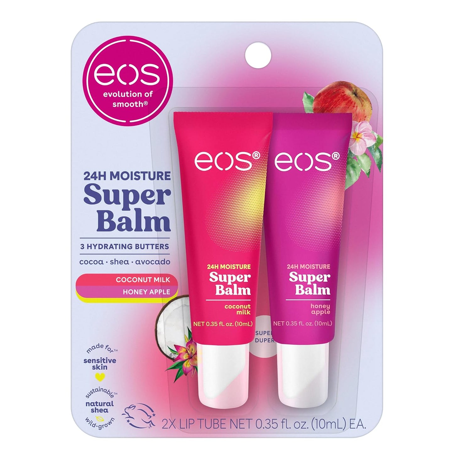 eos 24H Moisture Super Balm - Coconut Milk & Honey Apple, Day or Night Lip Treatment, Made for Sensitive Skin, Lip Balms & Moisturizers, 0.35 fl oz, 2-Pack