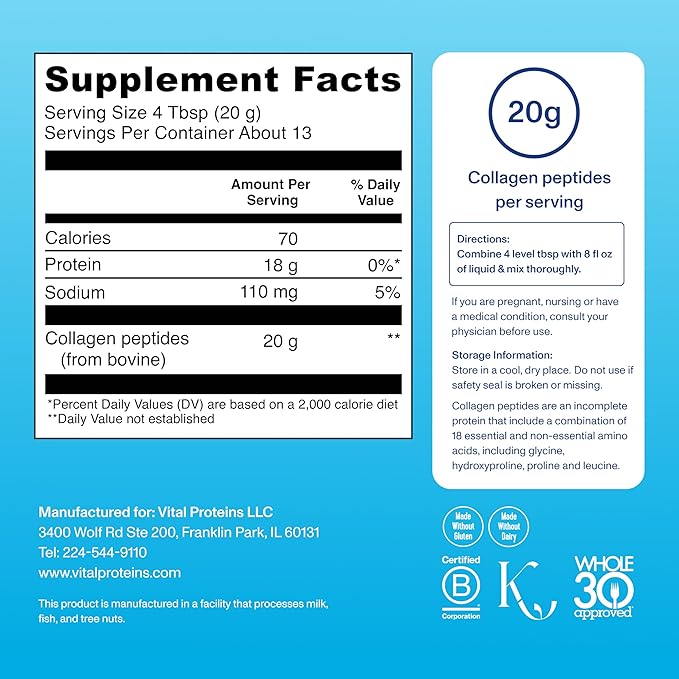 Vital Proteins Grass Fed Collagen Peptides Powder, Supports Hair, Skin, Nails, Bones, and Joints Health, Hydrolyzed Peptides - Zero Sugar, Unflavored, 9.33oz