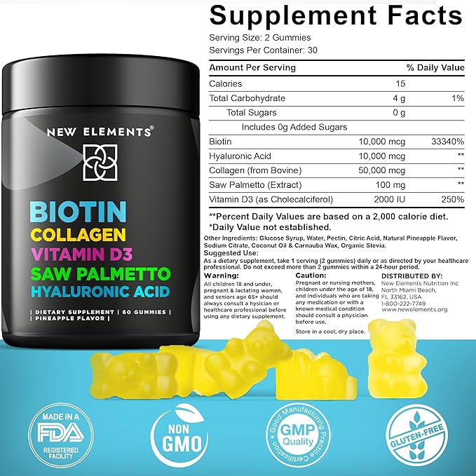 Biotin Gummies with Collagen Vitamin D3 Saw Palmetto & Hyaluronic Acid for Hair Skin and Nails, Hair Growth Supplement for Men & Women | Non-GMO | Gluten-Free | Natural Pineapple Flavor