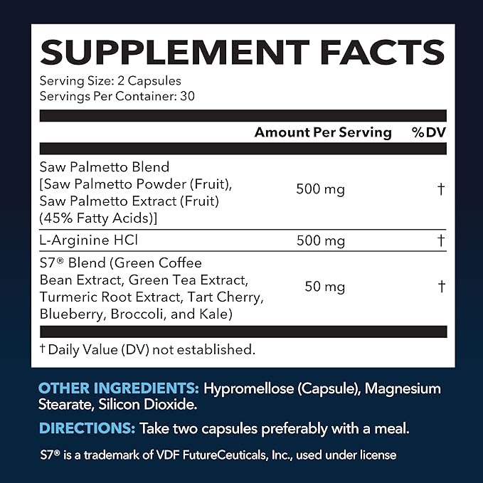 Saw Palmetto for Men with L Arginine Supplement - Hair Health & Male Health Support - L-Arginine Saw Palmetto Supplement with S7 Plant-Based Ingredients - Performance & Endurance - 60 Male Pills