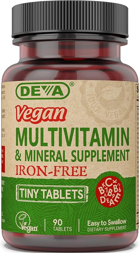 DEVA Tiny Tablets Vegan Multivitamins for Women & Men, Multivitamin Iron Free, Mineral Supplement, Vitamin C, Vitamin B Complex, Vitamin B12, Vitamin E, Zinc, Gluten Free, 90 Tablets