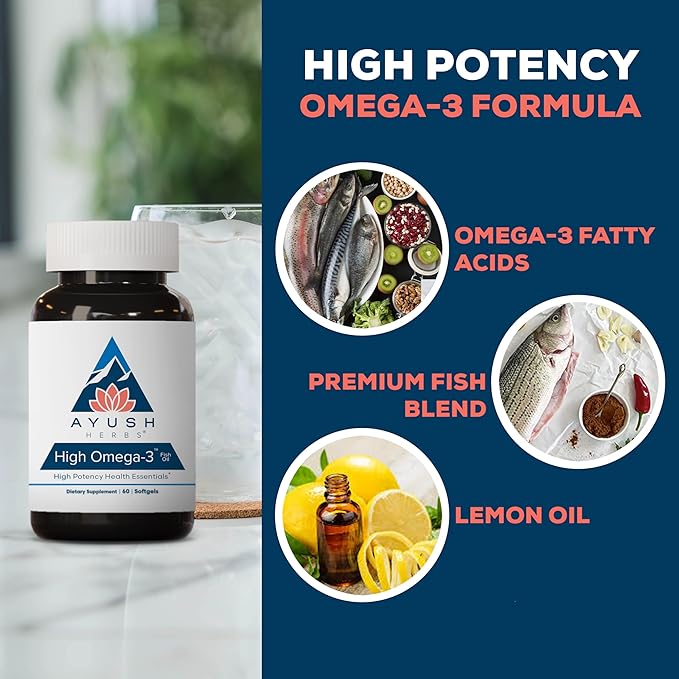 Ayush Herbs High Omega 3 - Omega 3 Fish Oil, 1000mg Per Capsule, EPA & DHA Fish Oil Supplement for Women & Men, Natural Lemon Flavor - 60 Softgel Capsules (1 Count)