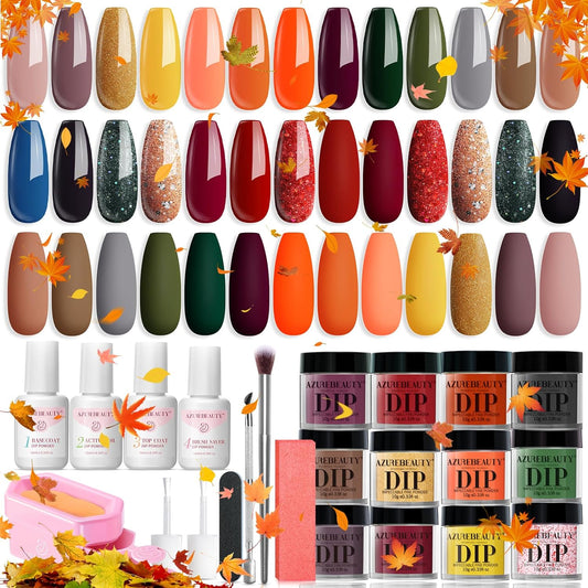 AZUREBEAUTY Dip Powder Nail Kit Starter Fall Autumn Orange Green Glitter Red 20 Colors Acrylic Dipping Powder Liquid Set with Base/Top Coat for French Nails Art Manicure Beginner DIY Salon Home