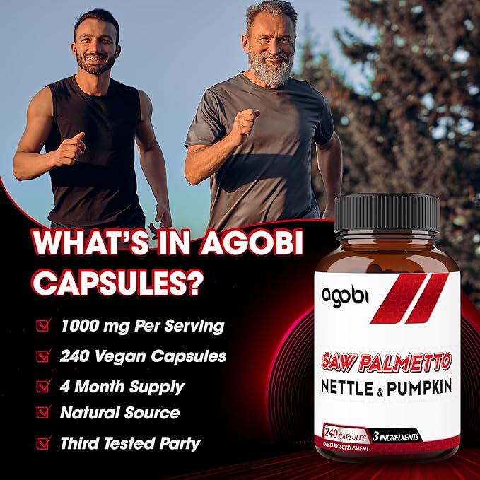 agobi 1000mg Saw Palmetto Supplement with Nettle Leaf & Pumpkin - High Extract Support for Restful Mood, Hair Health, Immune System & Energy Production - 240 Veggie Capsules for 4-Month Suppply