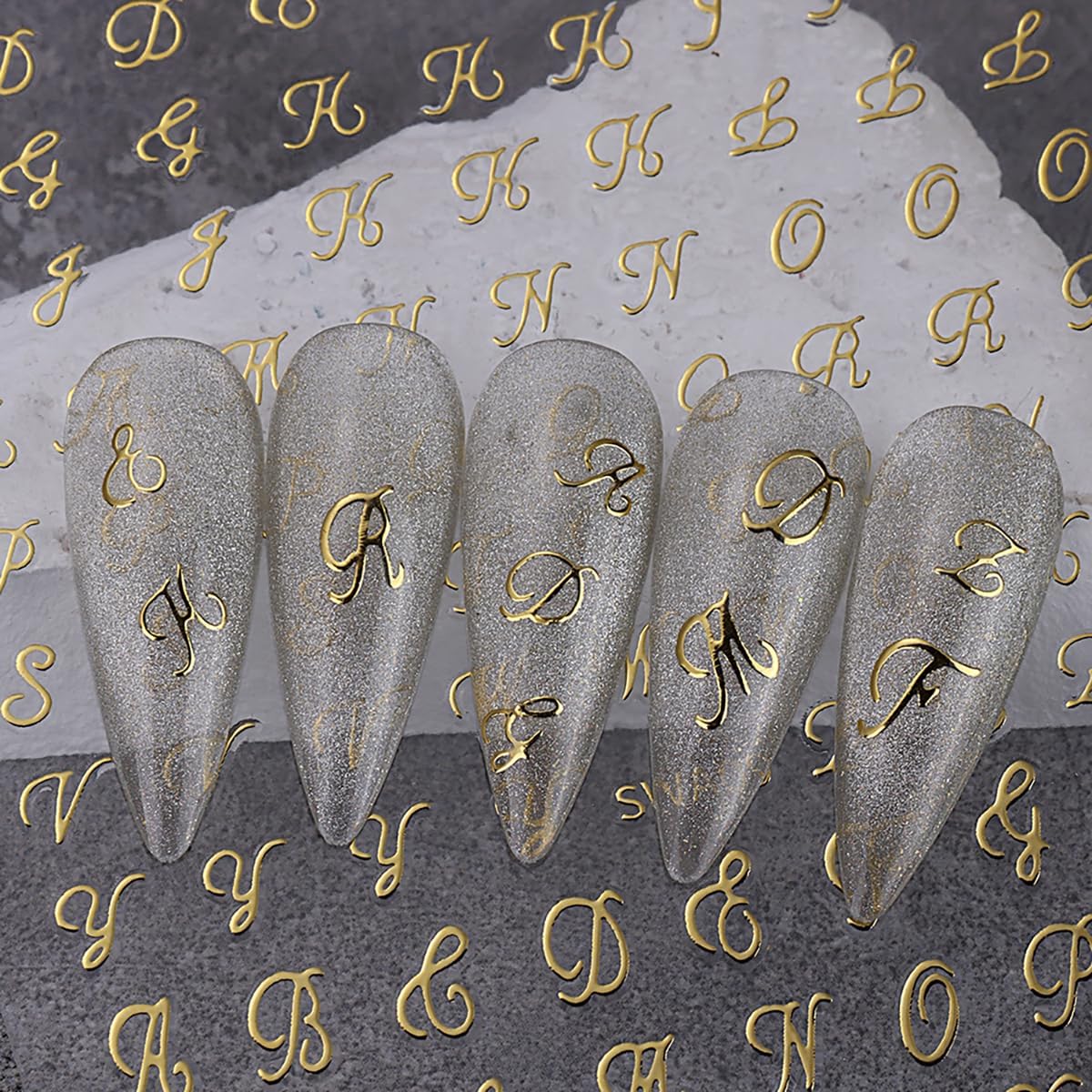 Letter Nail Art Stickers, Old English Letter Nail Art Decals 3D Self-Adhesive Gold Silver Black White Retro English Pattern Nail Design 6Pcs Nail Art Supplies for Women Nail Decoration