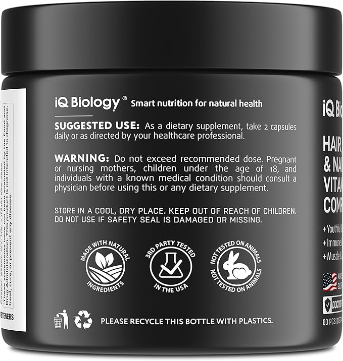 Biotin 10,000 mcg with Vitamins B1, B2, B3, B6 (30,000 mcg Complex per Serving) - with Keratin, Collagen, and Hyaluronic Acid – Hair, Skin & Nails Supplement for Women & Men – 60 Capsules