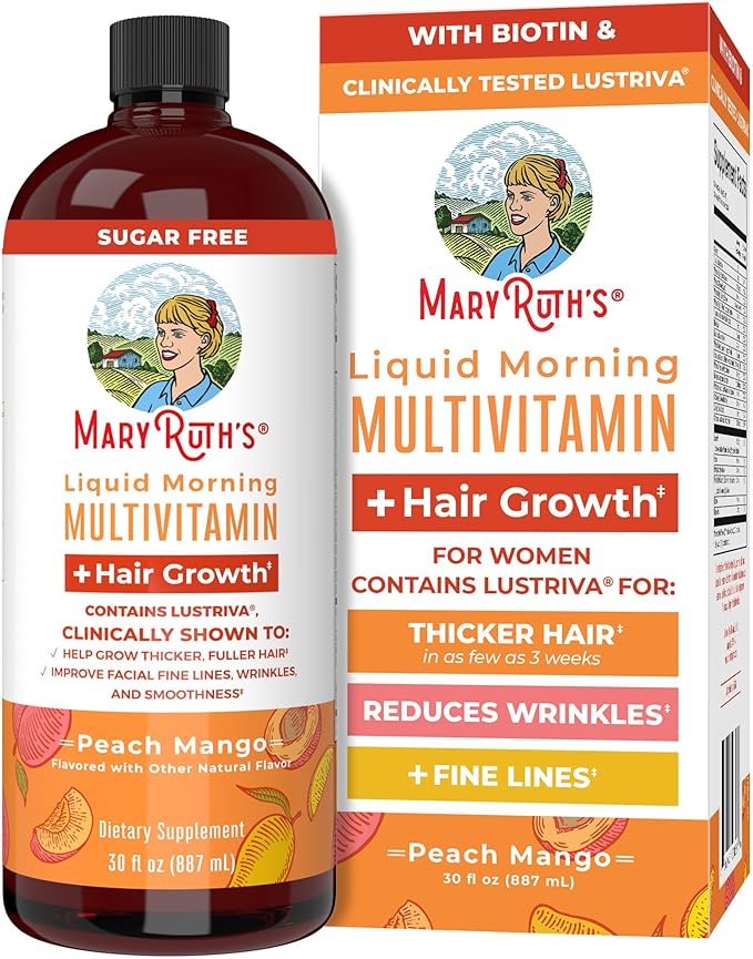 MaryRuth's Liquid Multivitamin + Lustriva® Hair Growth for Women| Biotin 10000mcg | Vitamin D | B Vitamins | Clinically Tested for Thicker Hair, Wrinkles, Fine Lines, Skin Care | Ages 18+ | 30 Fl Oz