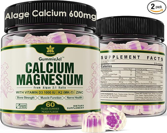 (2 Pack) Plant Based Calcium Supplement 600mg with Vitamin D3 K2, Zinc for Bone Strength, Sustainably Sourced Algae Calcium Magnesium 2:1 Ratio, Sugar Free Calcium Gummies 70+ Trace Minerals, Vegan