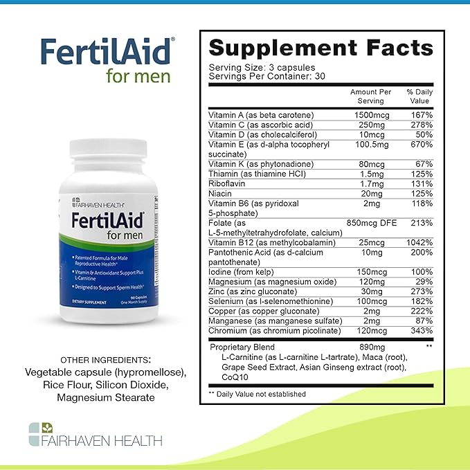 Fairhaven Health 3 Month Supply FertilAid for Men Prenatal Male Fertility Supplement | Count and Motility Support Pre Conception for Him | Fertility Support Includes, Zinc, and Folate | 90 Capsules