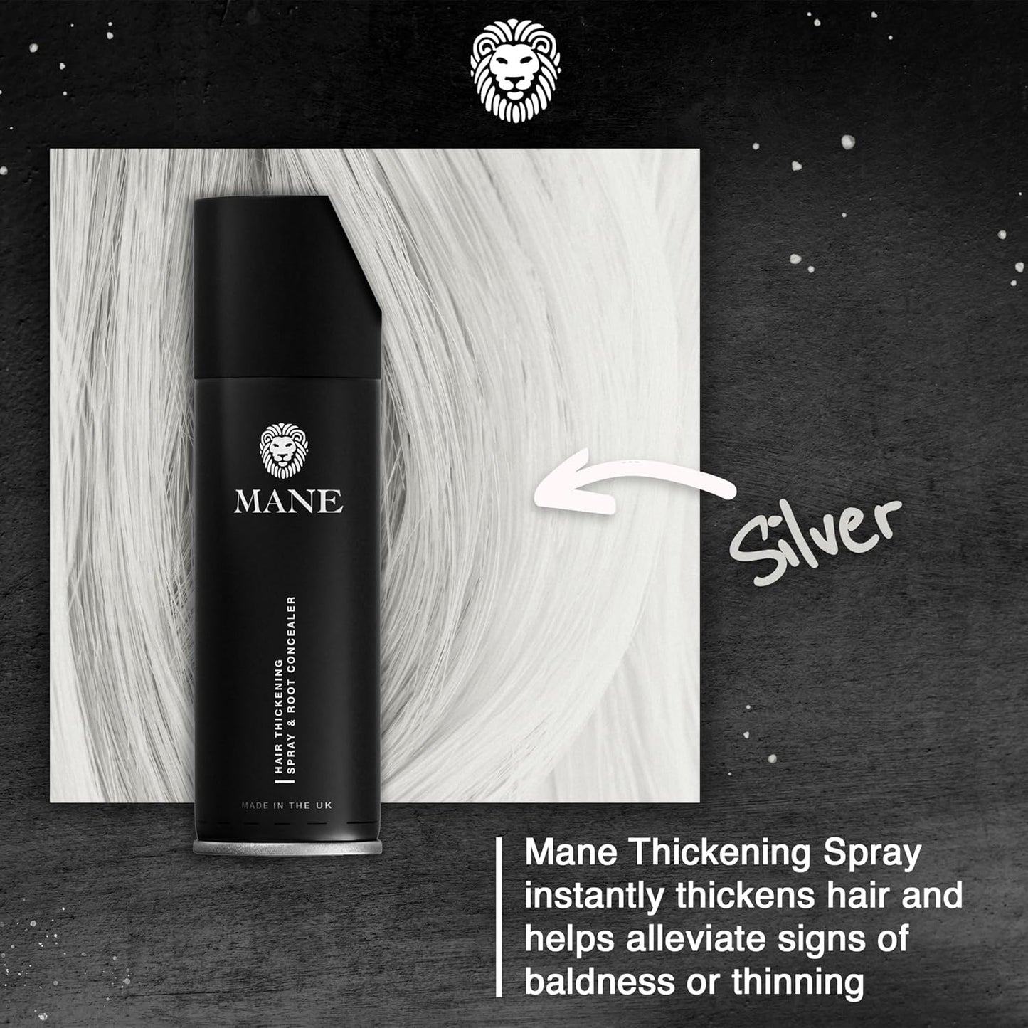 Mane Hair Thickening Spray & Root Touch Up, Instantly Thicker Hair for Men & Women, Fill in Hairlines and Hide Thinning and Fine Patches - Silver, 12 Colors (6.76 oz)