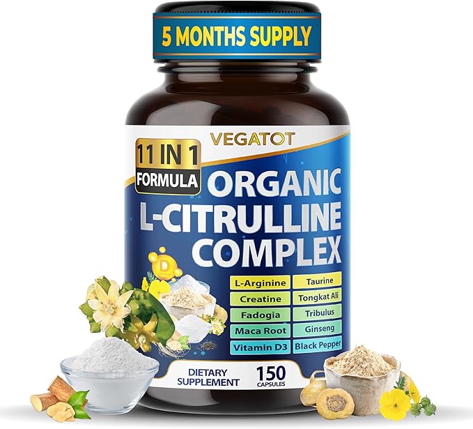 VEGATOT Organic L-Citrulline Complex 7,500mg - 11IN1 Formula L-Arginine, Taurine, Creatine - Tongkat Ali- for Muscle Builder, Strength - Made in The USA (150 Count (Pack of 1))