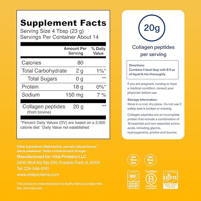 Vital Proteins Grass Fed Collagen Peptides Powder, Helps Support Healthy Hair, Skin, Nails, Bones and Joints - Hydrolyzed Collagen - Vanilla 11.5 oz