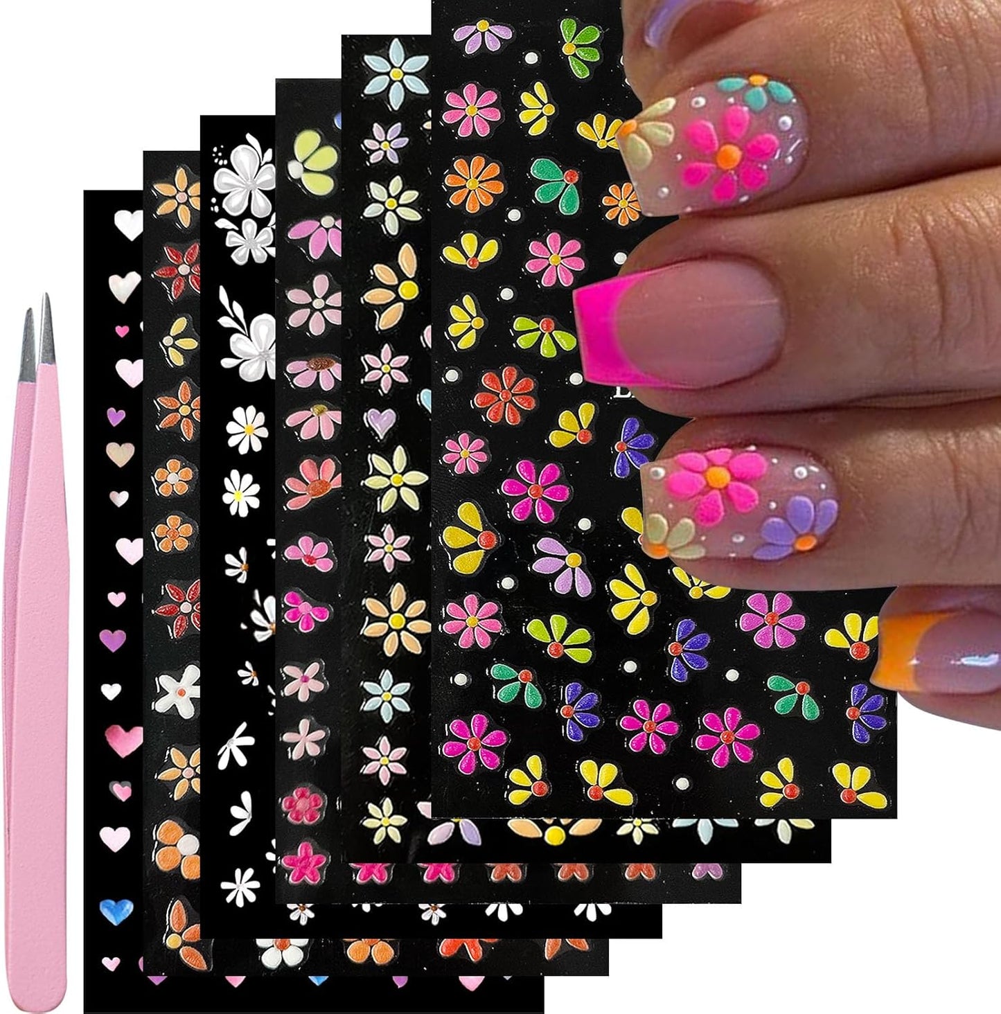 Nail Art Stickers Decals 5D Embossed Flower Nail Decals Self Adhesive Spring Summer Heart Daisy Nail Supplies 3D Nail Design for Women Nail Decoration Colorful Flower Nail Stickers
