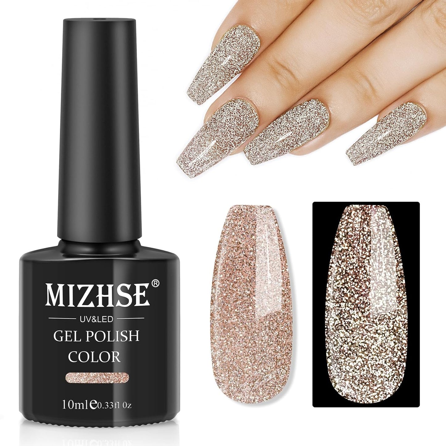 MIZHSE Reflective Gold Glitter Gel Nail Polish, Sparkly Shiny Gel Polish, Glossy Finish Nail Gel Soak Off Nail Art Salon Varnish Manicure for Beginners DIY at Home Popular Color
