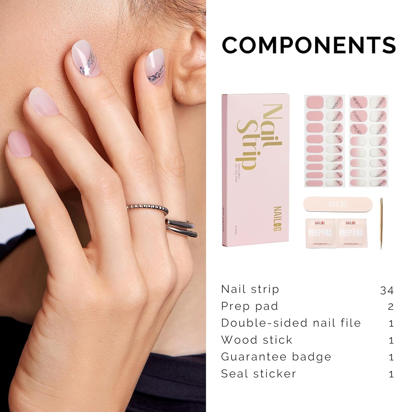 Semi Cured Gel Nail Strips - NAILOG 34 Pcs Gel Nail Stickers | Buy 2 Get 1 UV Light | Extra Long Nail Wraps with Glossy Gel Finishing Gradient Pink, Fairy Wand