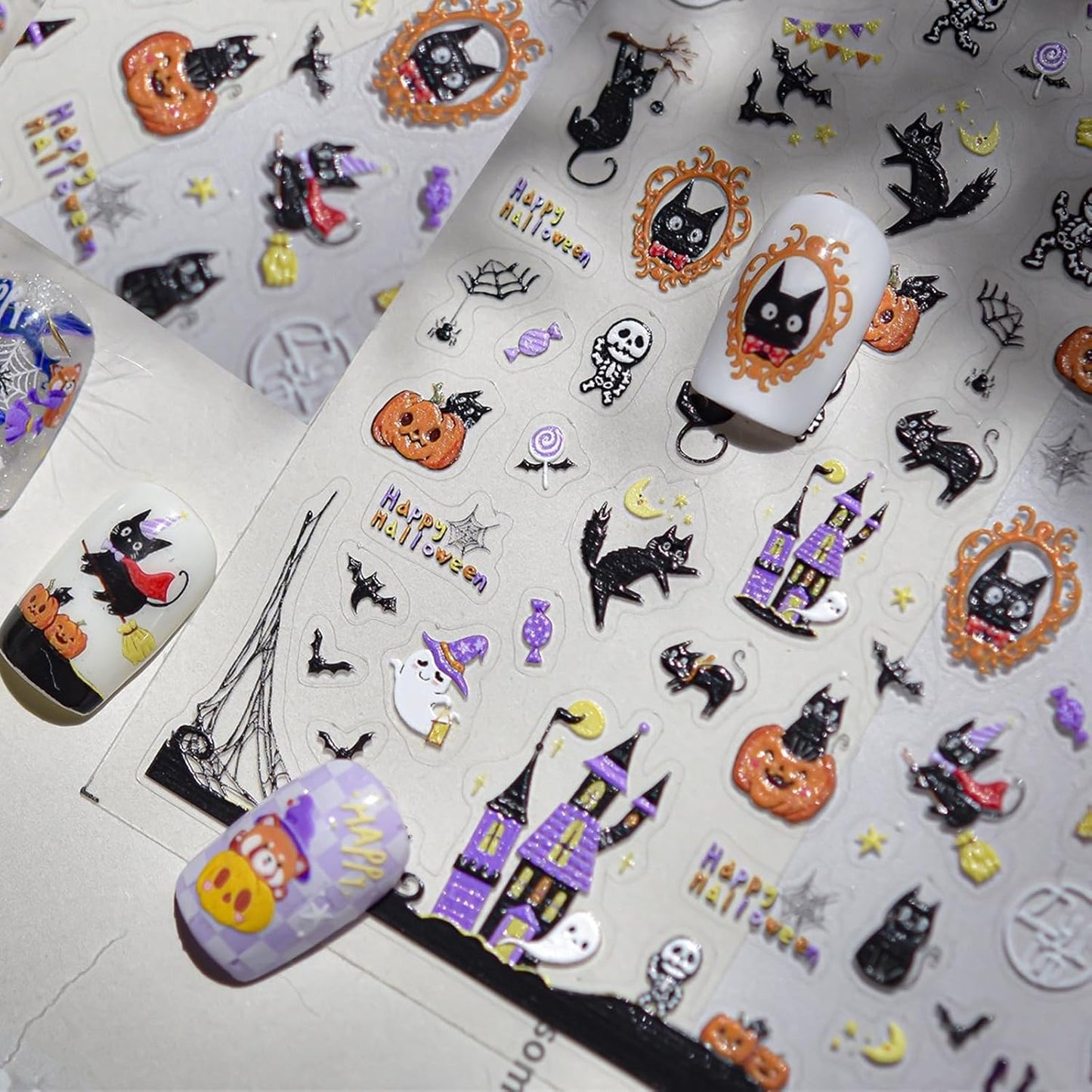 5D Embossed Halloween Nail Stickers Haunted House Ghost Nail Designs Pumpkin Cat Nail Decals 3D Self-Adhesive Skeleton Spider Web Nail Art Decoration for Women Holiday DIY Manicure 1 Sheet
