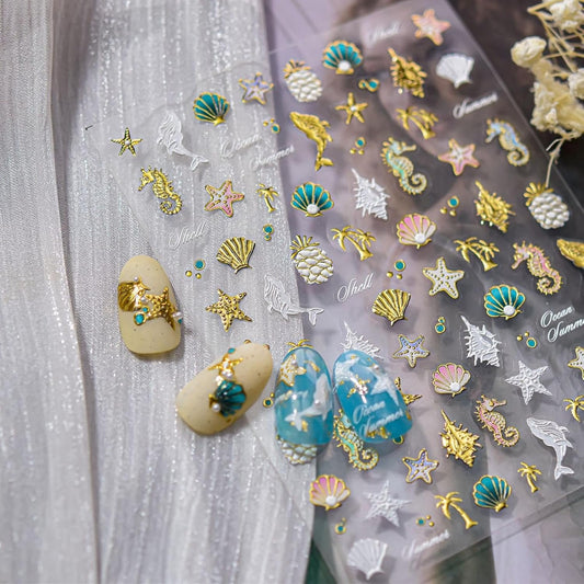 5D Embossed Ocean Nail Stickers Gold Starfish Pineapple Nail Art Stickers 3D Self-Adhesive White Dolphin Nail Designs Laser Pink Shell Summer Nail Art Decoration for Women DIY 1 Sheet