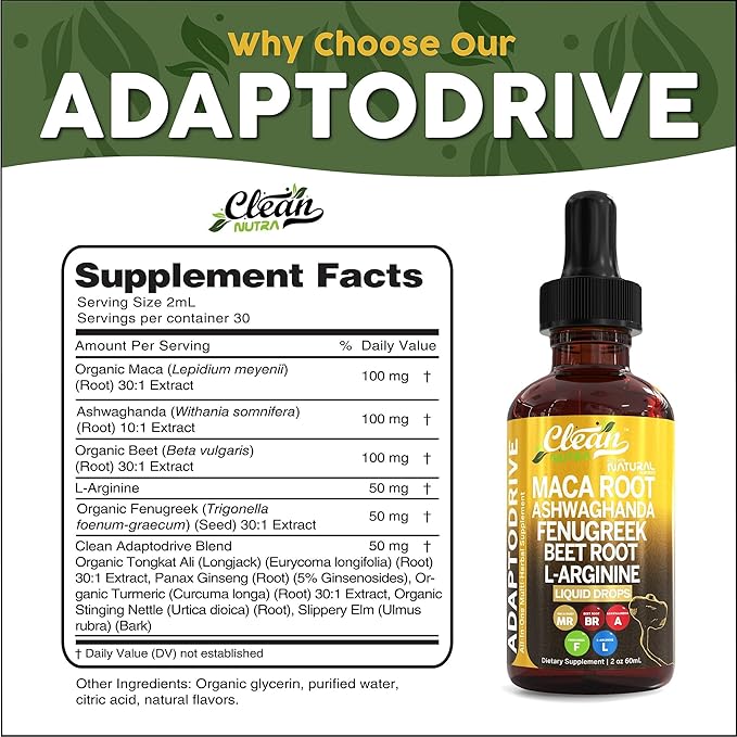 Organic Maca Root Liquid Drops with Ashwagandha, Fenugreek, Beet Root and L-Arginine Liquid Multivitamin for Women and Men - Adapto Drive by Clean Nutra