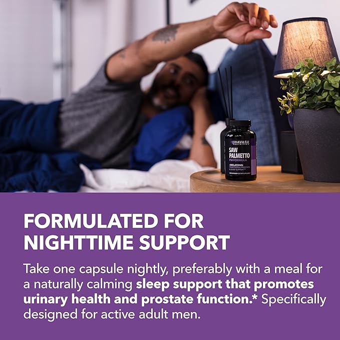 Night Time Saw Palmetto for Men - Saw Palmetto With Melatonin 3 mg and Chamomile Extract - Sleep & Prostate Supplement - Reduce Urinary Frequency for Men & Support Bladder in PM - Over 3 Month Supply