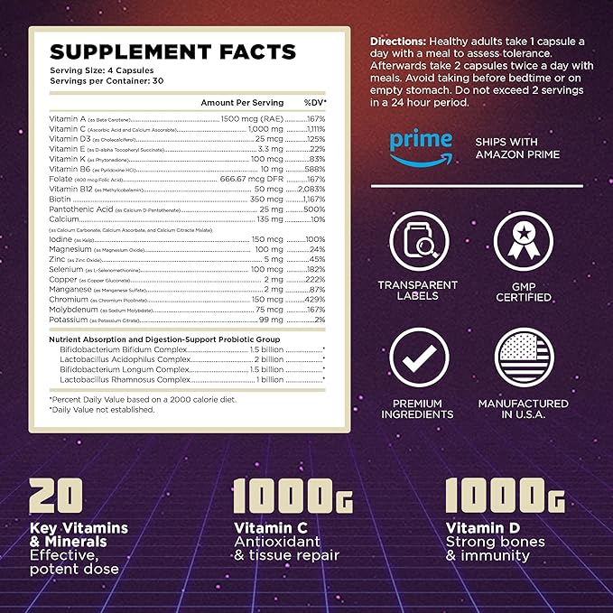 Old School Vintage Base 2-in-1 Multivitamin & Probiotic, Daily Vitamins & Minerals for Optimized Digestion, Intestinal Flora, Immune, Vitamin D3, C, & Zinc for Men & Women - 120 Veggie Caps