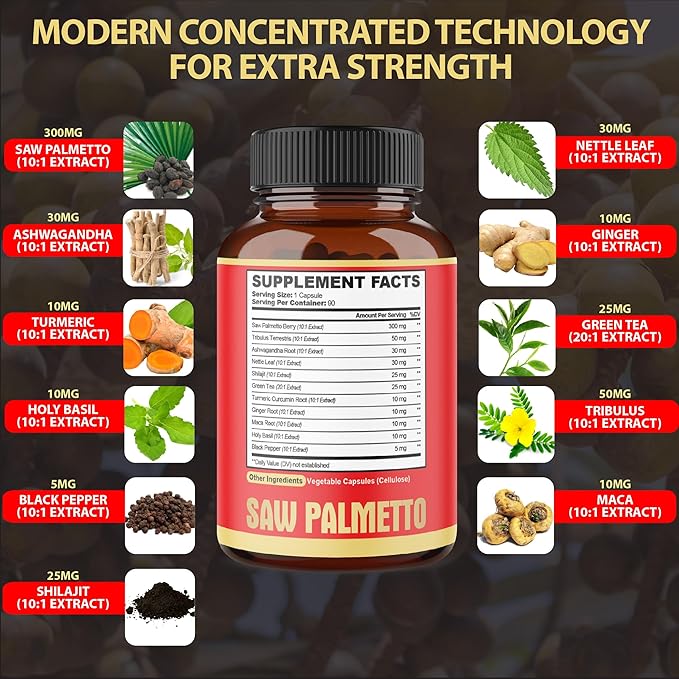 Premium Saw Palmetto Capsules - Combined with Ashwagandha, Turmeric, Tribulus, Maca, Green Tea, Ginger, Holy Basil & More - Natural Prostate Support - 90 Capsules 3-Month Supply