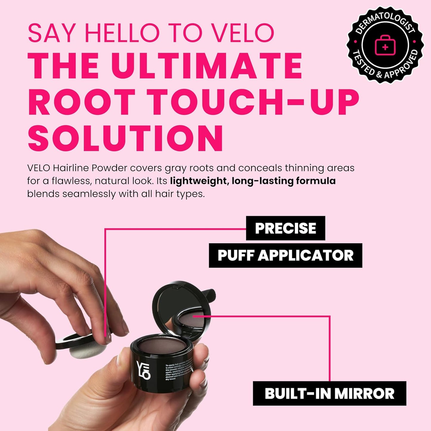 VELO Hairline Powder–MEDIUM BROWN Hair Root Touch Up Powder for Women & Men–Instantly Covers Gray Hair, Thinning Hair & Bald Spots–Sweatproof Root Cover Up–Puff & Mirror Compact, 13 Shades