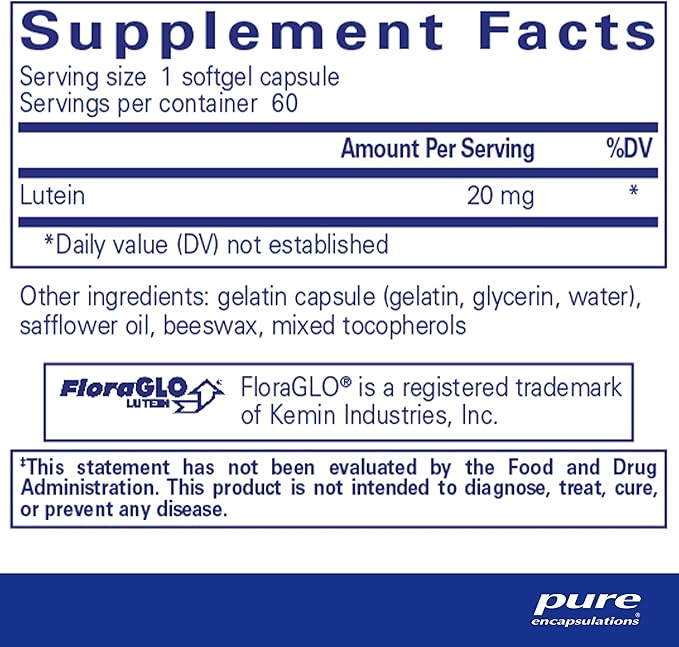 Pure Encapsulations Lutein 20 mg | Hypoallergenic Antioxidant Support for Healthy Visual Function | 60 Softgel Capsules
