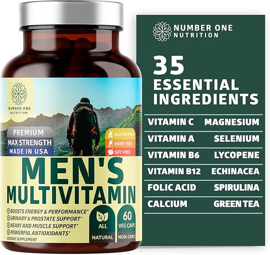 Number One Nutrition Premium Men's Daily Multivitamin Multimineral Supplement [Gluten Free, Non-GMO], Vitamins A C E D B1 B2 B3 B5 B6 B12, Magnesium, Biotin, Sprulina, and Zinc, 60 Veg Caps