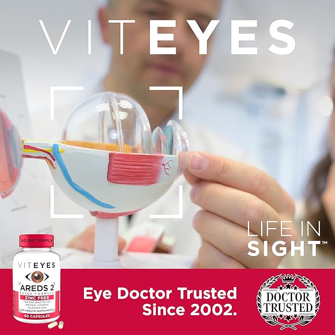 Viteyes AREDS 2 Zinc Free Macular Support, Natural Allergen Free Capsules with Vitamin E, Vitamin C, Lutein & Zeaxanthin, No Zinc, No Copper, Eye Doctor Trusted, Manufactured in The USA, 60 Ct