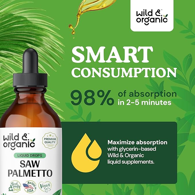 Wild & Organic Saw Palmetto Tincture - Saw Palmetto Liquid Extract Supplement for Men & Women - Saw Palmetto Powder Based Drops - Vegan, Alcohol Free - 4 fl oz