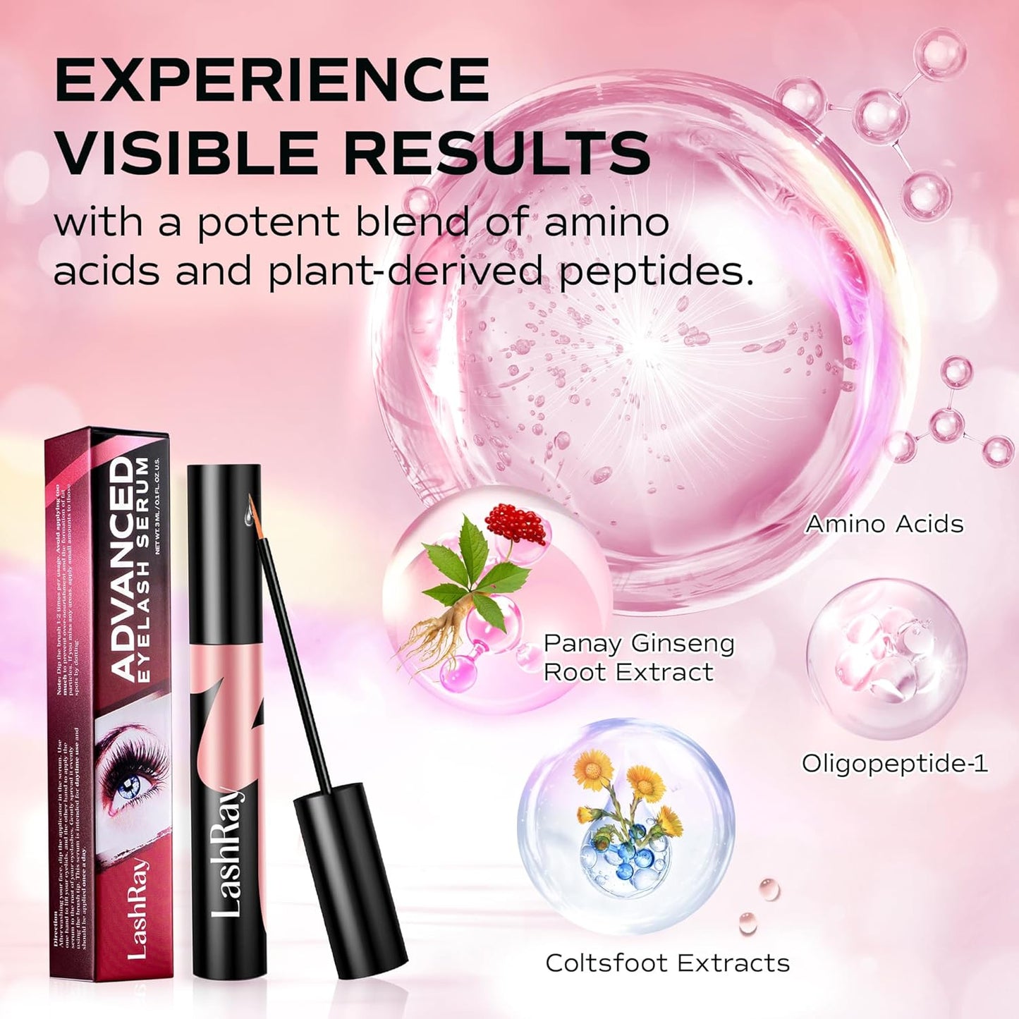 Advanced Lash Serum for Eyelash Growth: LashRay Eye Lash Enhancing Serum to Grow Longer Thicker Eyelashes and Eyebrows for Women, 0.1 oz