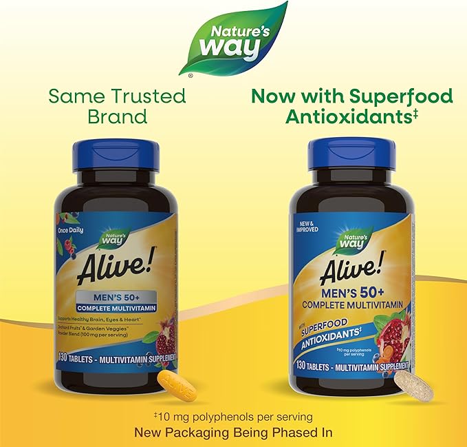 Nature’s Way Alive! Men’s 50+ Complete Multivitamin, Supports Multiple Body Systems*, Supports Cellular Energy*, High Potency B-Vitamins, Gluten-Free, 130 Tablets