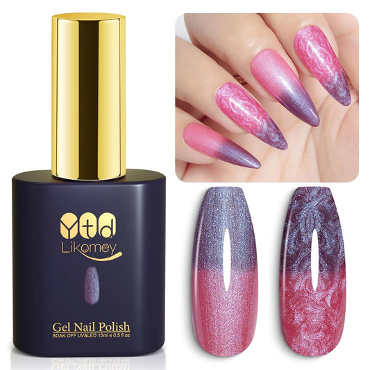 YTD Likomey Pearl Thread Color Changing Gel Nail Polish,15ml Red To Purple Shell Mermaid Drawing Pearlescent Glitter Mood Temperature Change Colors,Fall Winter Thermal Ombre Manicure UV Gel,WB425