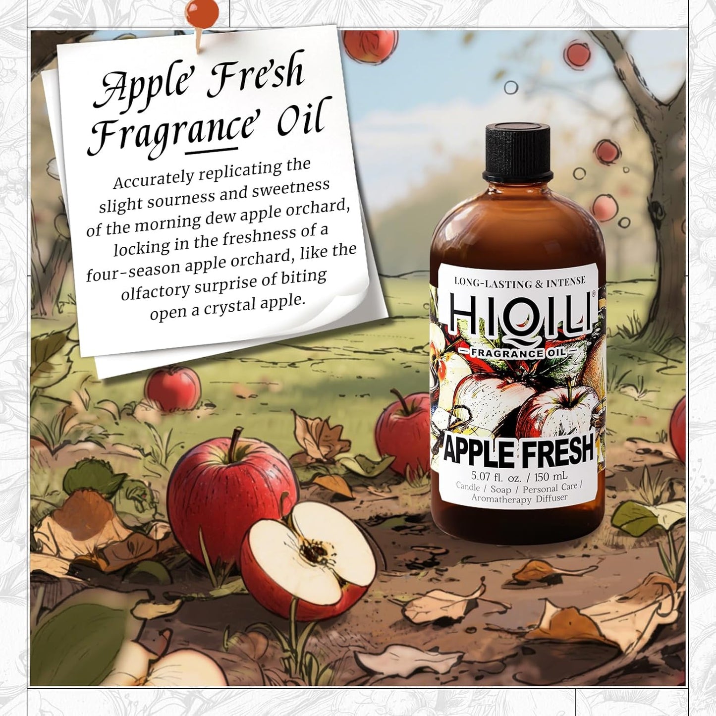 HIQILI Apple Fresh Fragrance Oil for Home Diffuser, Candles, Soaps, Bath Bombs & Perfume Making, Long-Lasting Fruity Scent - 5.07 Fl Oz