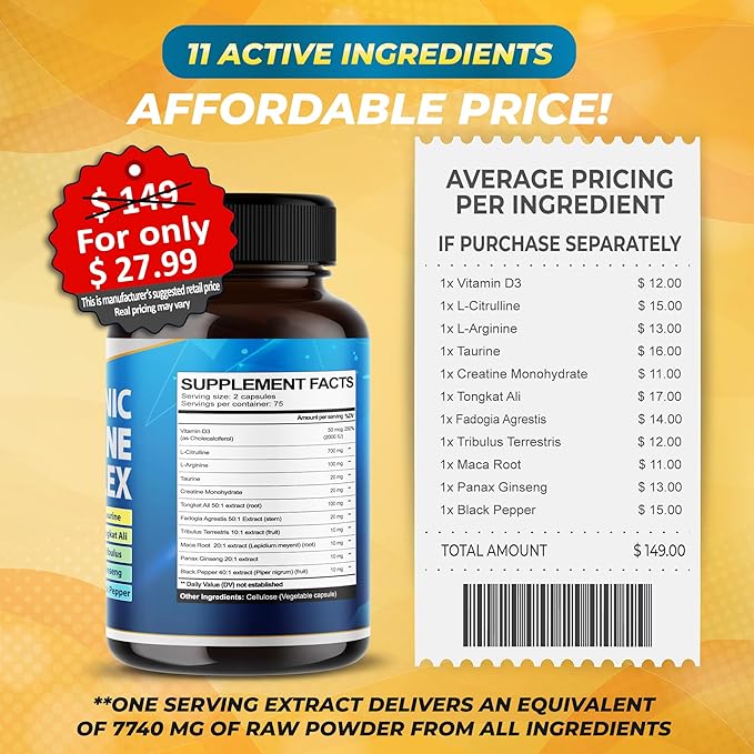 VEGATOT Organic L-Citrulline Complex 7,500mg - 11IN1 Formula L-Arginine, Taurine, Creatine - Tongkat Ali- for Muscle Builder, Strength - Made in The USA (150 Count (Pack of 1))