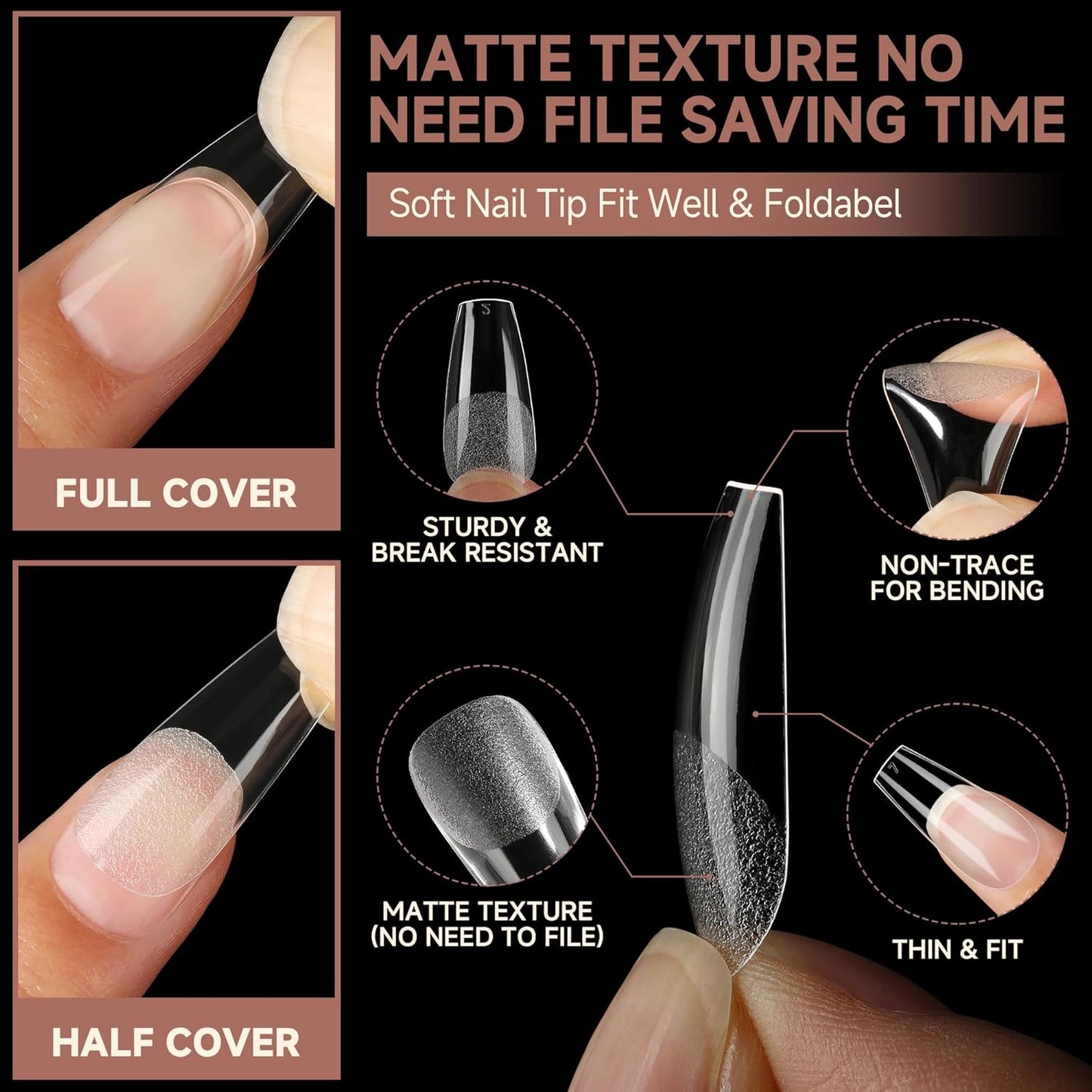 UNA GELLA Coffin Nails Tips, 216 PCS Soft Gel Nail Tips Coffin Half Matte Full Cover False Nails Pre-shaped Clear Acrylic Press on Nails Medium for Nail Extensions Home DIY Salon, 12 Sizes