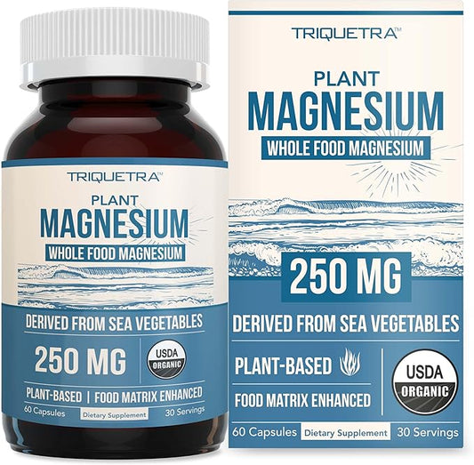 Organic Magnesium | Whole Food Magnesium - Plant-Based, Organic Sea Vegetable Complex - 250 mg Magnesium Per Serving | Water Extracted | Gentle on Stomach | Energy, Sleep, Muscle, Heart - 60 Capsules