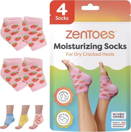 ZenToes Moisturizing Socks for Cracked Heel Treatment - Vitamin E, Olive Oil and Jojoba Oil Infused Heel Socks to Soften and Hydrate (Pink Strawberries, Regular)