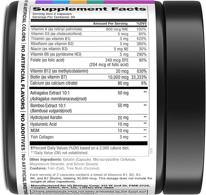 Biotin 10,000 mcg with Vitamins B1, B2, B3, B6 (30,000 mcg Complex per Serving) - with Keratin, Collagen, and Hyaluronic Acid – Hair, Skin & Nails Supplement for Women & Men – 60 Capsules