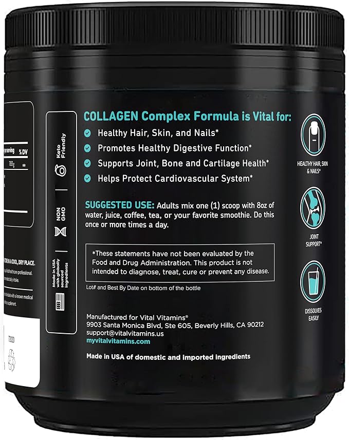 Vital Vitamins Collagen Powder Unflavored - Multi Collagen Type I, II, III, V, X - Collagen Peptides Powder for Women & Men - Promotes Hair, Skin, Nails, & Joint Health - 30 Servings