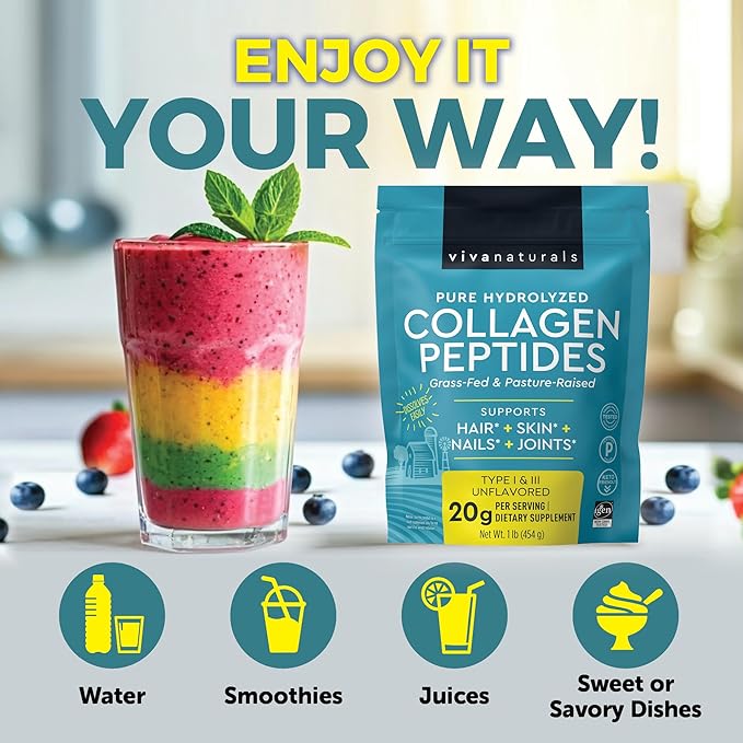 Viva Naturals Bovine Collagen Peptides Powder, 1 lb – Hydrolyzed Collagen for Women – Supporting Healthy Joints, Hair Skin and Nails – Unflavored Collagen Powder