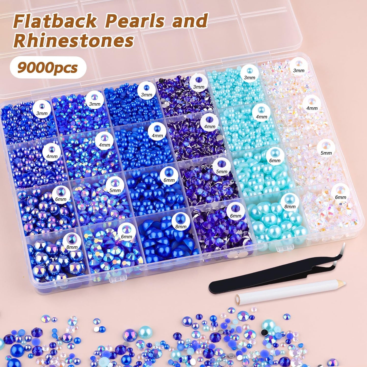 9000PCS Flatback Pearls and Rhinestones for Crafting, Dark Blue Mixed Size 3-10mm Resin Rhinestones and Half Pearls for Bedazzling, Nail Art and Decoration with Tweezer and Pickup Pencil