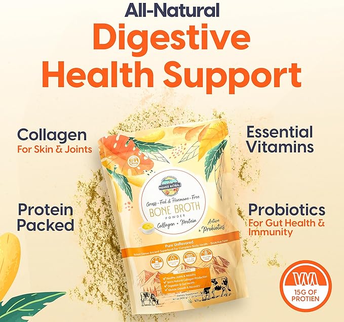 Organic Bone Broth Protein Collagen Powder, Unsalted, Quick-Dissolve, Grass-Fed Hormone Free, Gluten-Free, Paleo Keto Friendly 15g Protein, Active Probiotics, Joints, Gut Health