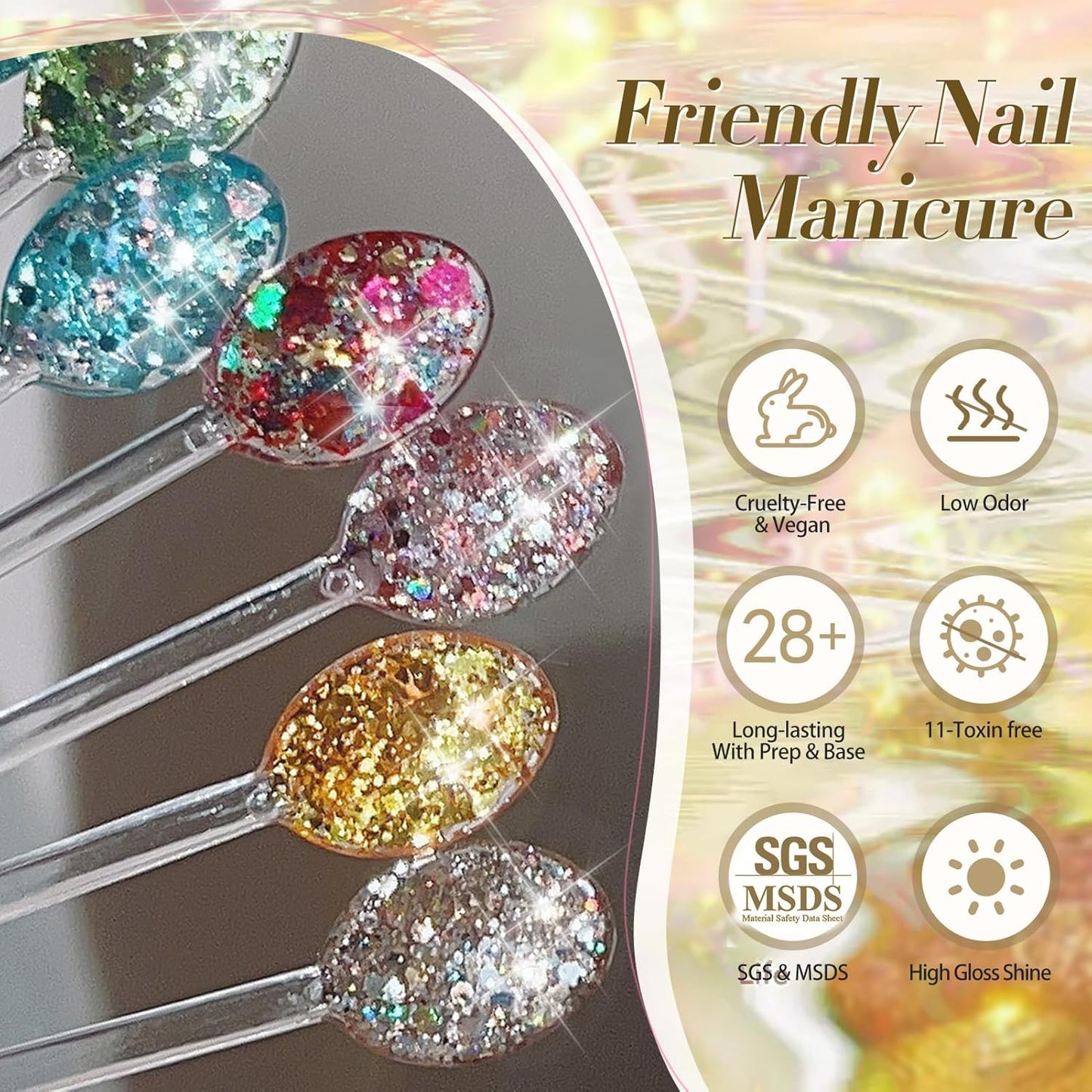 Born Pretty Glitter Gel Nail Polish with Sequins, 6 Pcs Blue Gold Red Yellow Green Pink Long Lasting Sparkly Shiny U V Gel Polish Set for Manicure and Nail Art, DIY at Home, Salon-Quality 7ml
