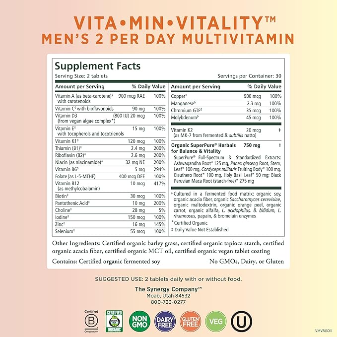 PURE SYNERGY Vita·Min·Vitality | Natural Multivitamin for Men | Men’s Daily Multivitamin Made with Organic Whole Foods | for Energy, Stress, and Immune Support (60 Tablets)