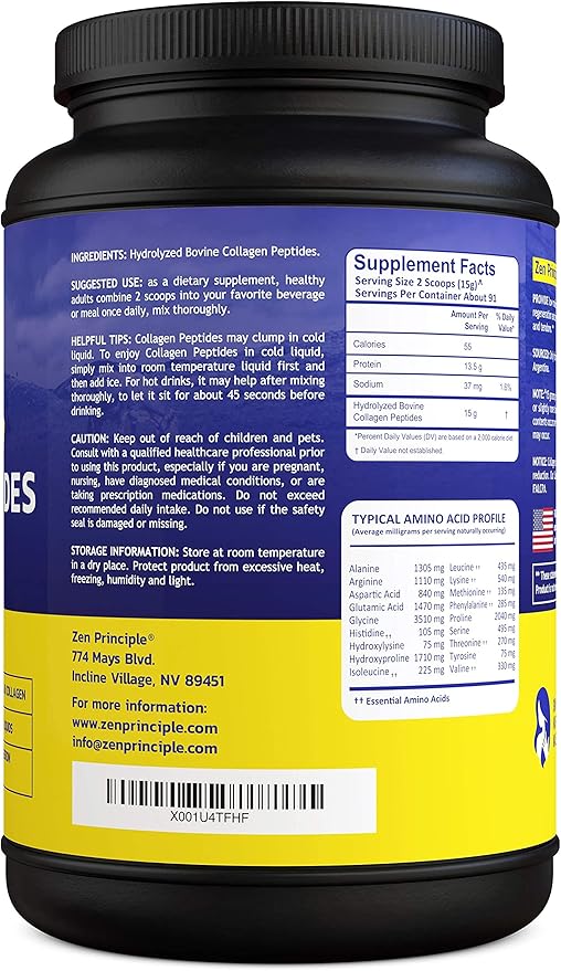 Zen Principle Grass-Fed Collagen Peptides 3 lb. Custom Anti-Aging Hydrolyzed Protein Powder for Healthy Hair, Skin, Joints & Nails. Paleo and Keto Friendly, GMO and Gluten Free, Pasture-Raised Bovine.