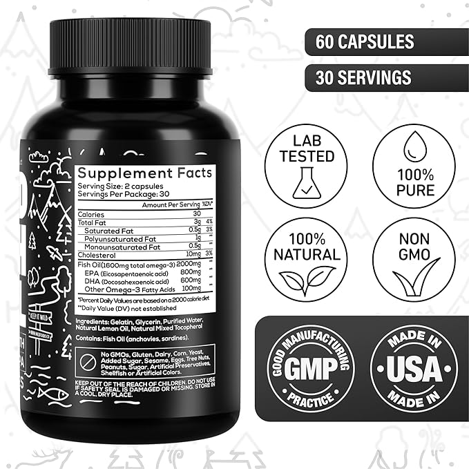 Wild Foods Fish Oil Omega 3 Supplements | 1600 mg | Highly-Potent: DPA, DHA, EPA | Burpless, Odorless, Non-GMO, Gluten Free | For Brain & Heart Health, Joint Support | 60 Capsules (1 pk) | 30 Servings