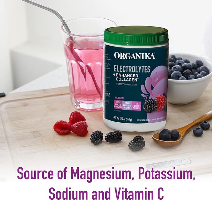 Organika Electrolytes + Enhanced Collagen- Wildberry Flavor- Sugar-Free Hydration + Protein 360 Gram - 30 Servings