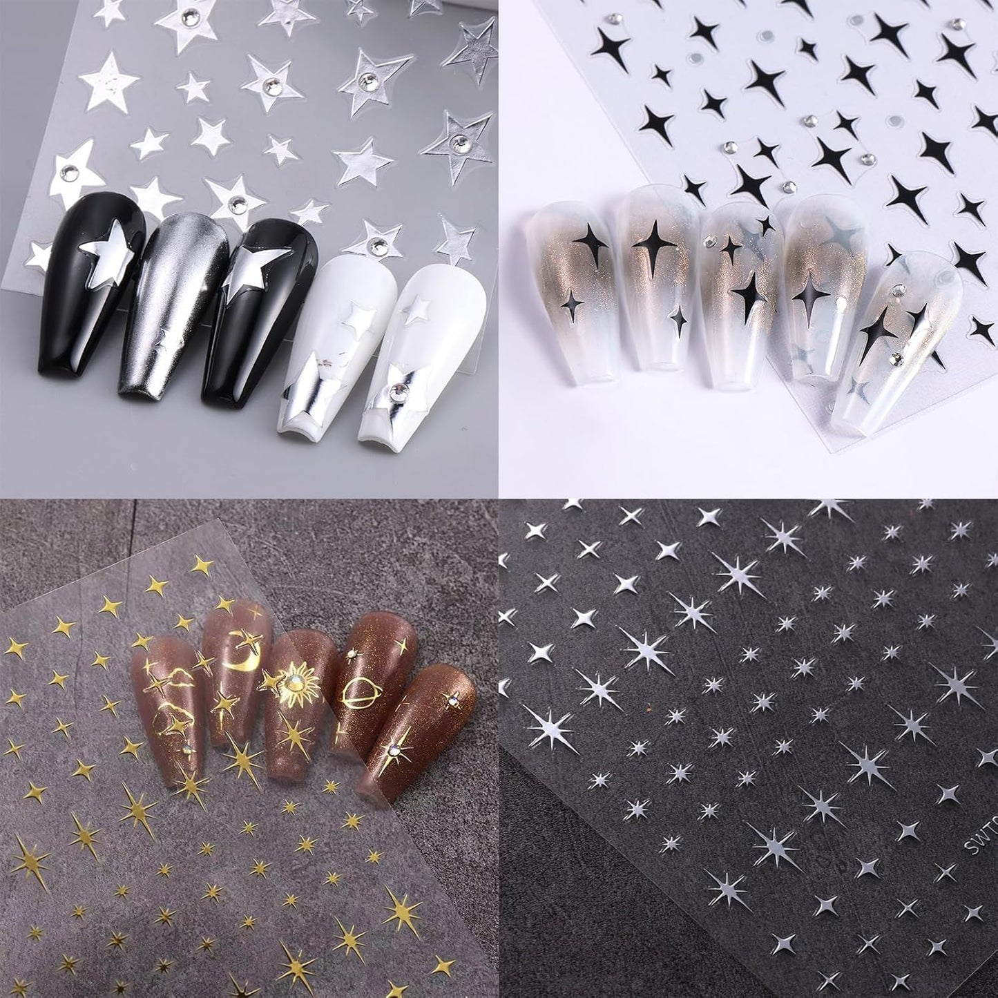 6 Sheets Star Nail Stickers with Rhinestones White Five-Pointed Star Gold Silver Black Starburst Design for Women Girls Nail Art Decoration