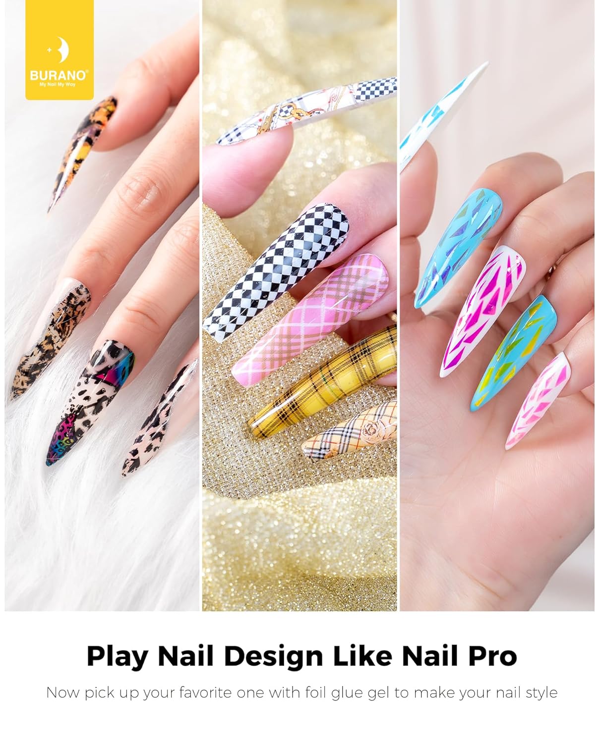 BURANO Nail Art Nail Foil Glue Gel, o.5 oz with 10PCS Foil Stickers Set Nail Foil Glue for Nails Foil Transfer Gel, Nail Design DIY UV LED Lamp Required (Flower Foil 11)